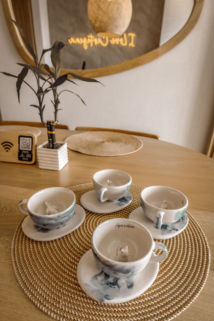 Elegant ceramic tea set displayed on a chic, minimalist dining table setting.